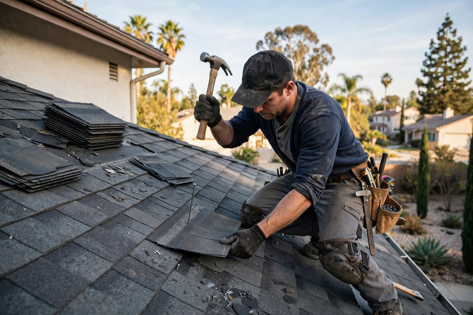 Roofer hand nailing replacement architectural shingles into a repaired course on a two-story roof