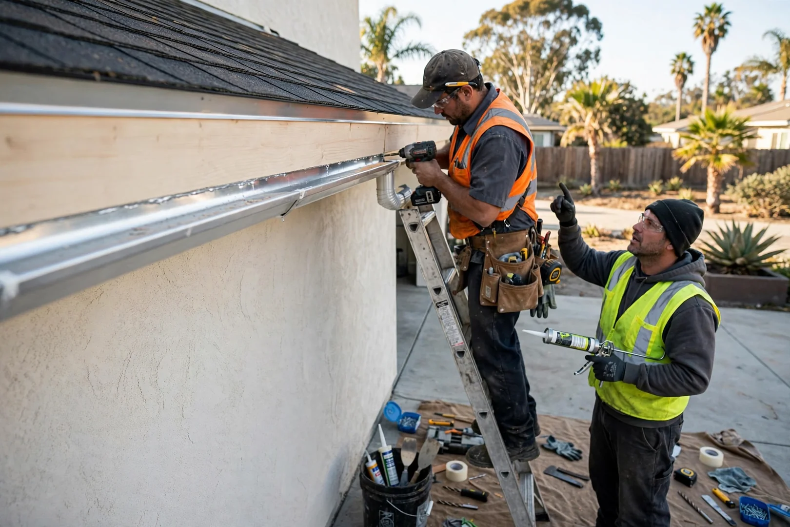 Newly replaced drip edge and fascia board meeting a clean gutter run along a home eave