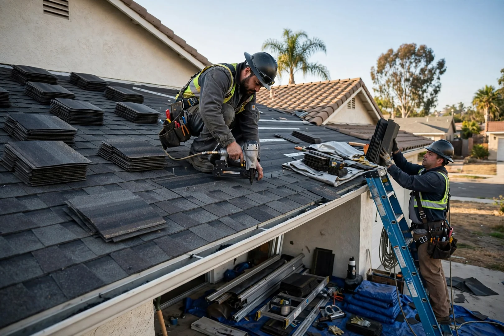 Roofer measuring a residential roof deck during a replacement estimate visit in Los Alamitos