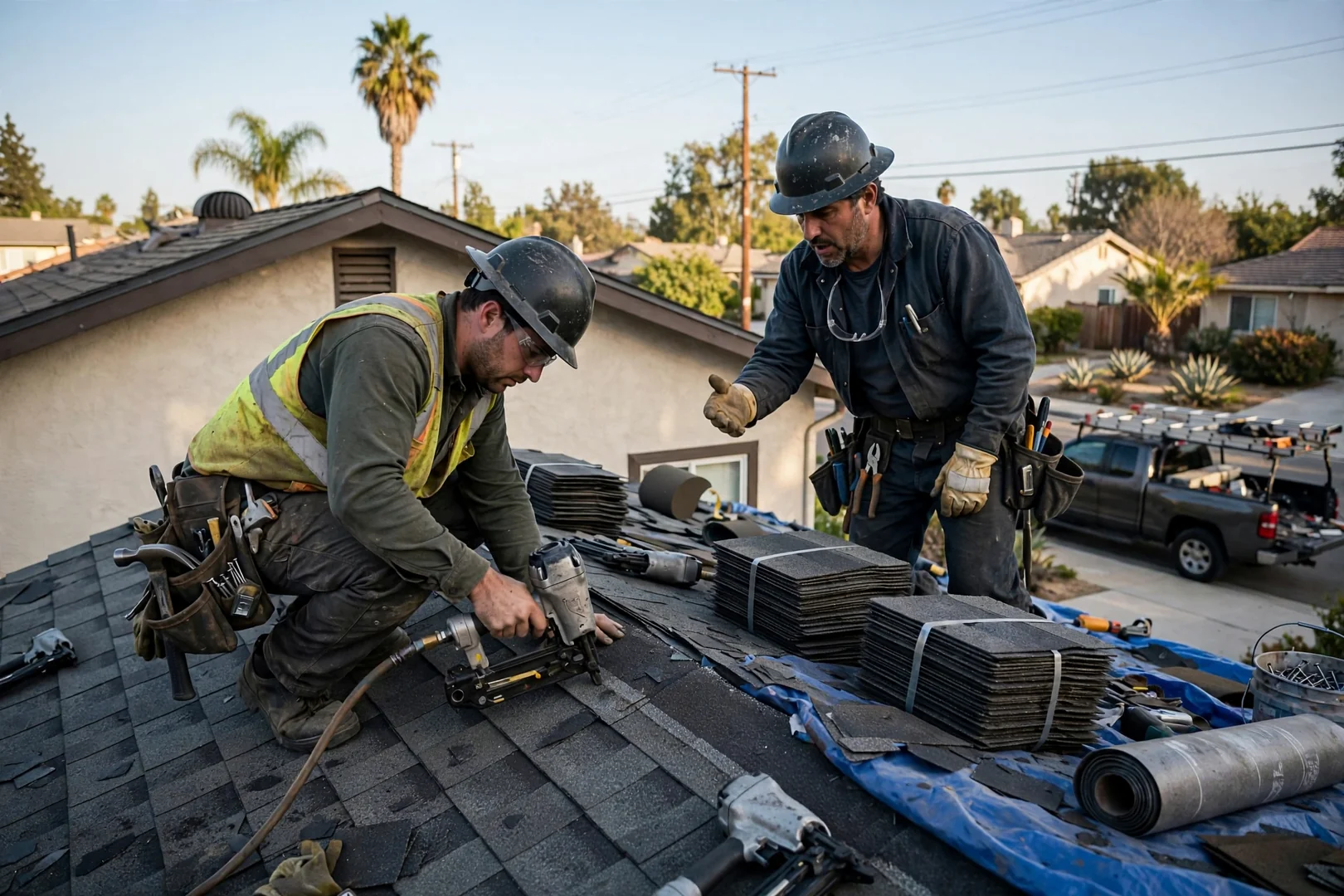 Roofing crew loading new shingle bundles onto a Los Alamitos home during replacement