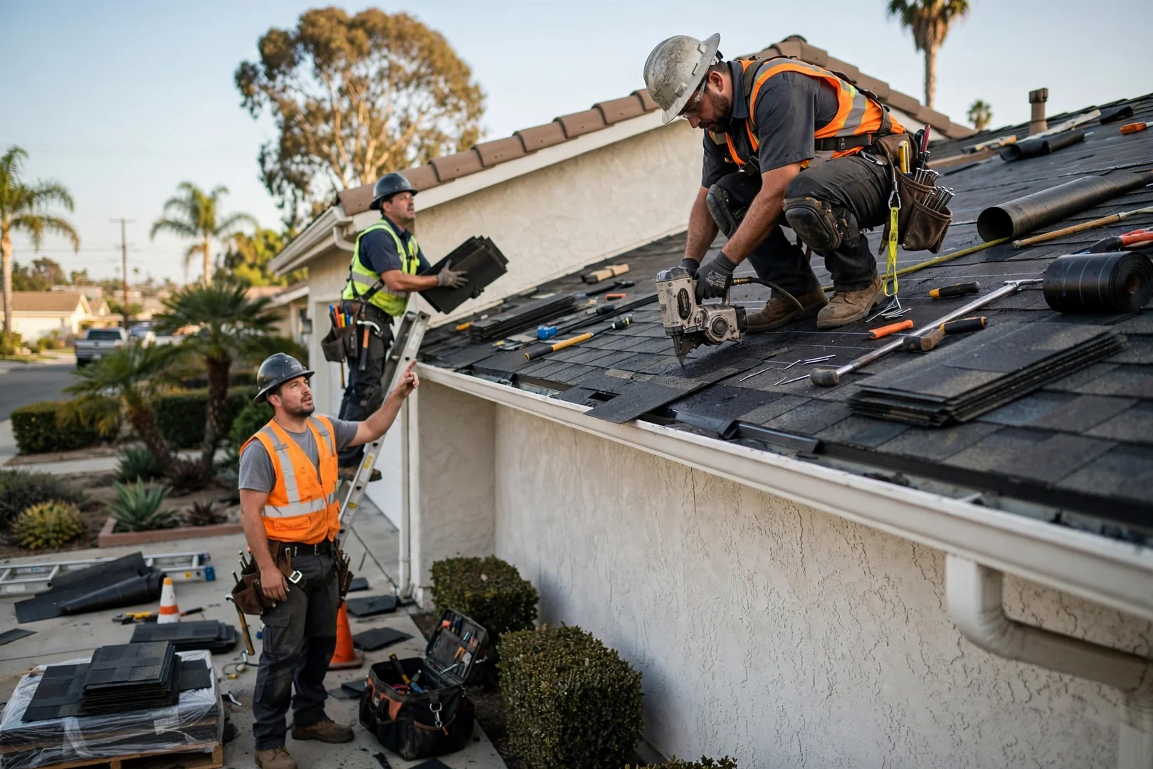 Roofing crew tearing off old shingles and installing underlayment on a Los Alamitos home