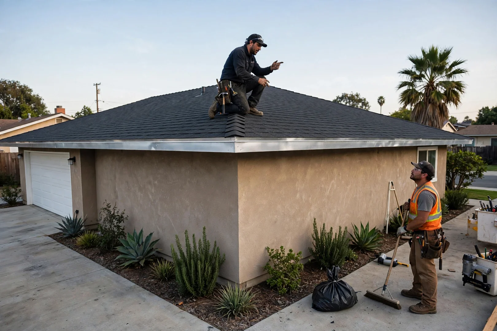 Finished architectural shingle roof on a single story ranch home with new drip edge