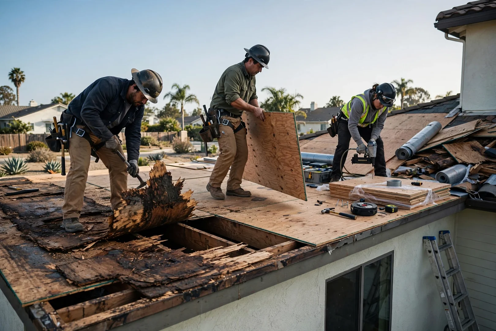 Crew replacing rotted plywood sheathing on a two story roof deck before dry-in