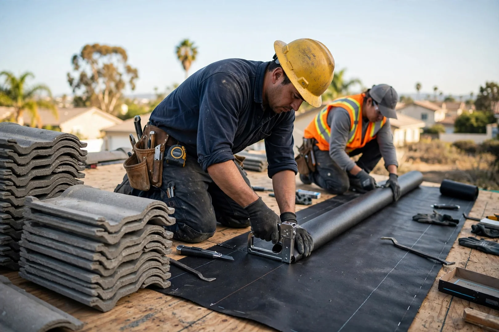 Concrete roof tiles stacked aside while synthetic underlayment is installed across the deck