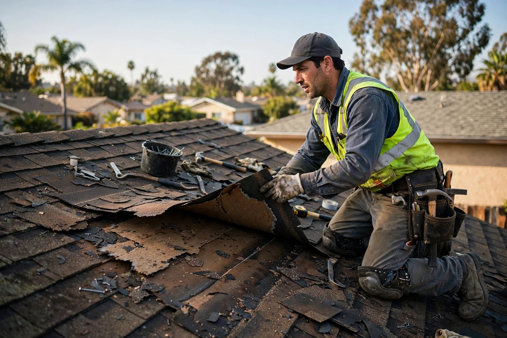 Wind lifted shingle section on an older roof photographed before full replacement work begins