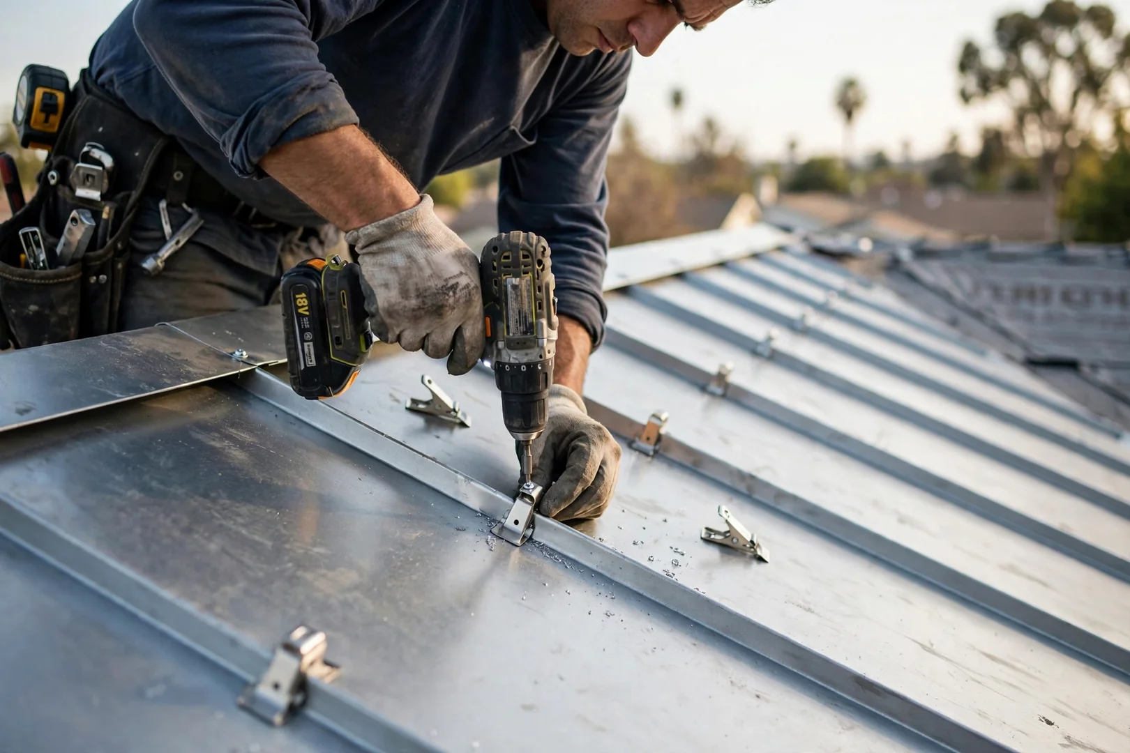 Close-up of standing seam metal panels and clips installed along a finished roof slope