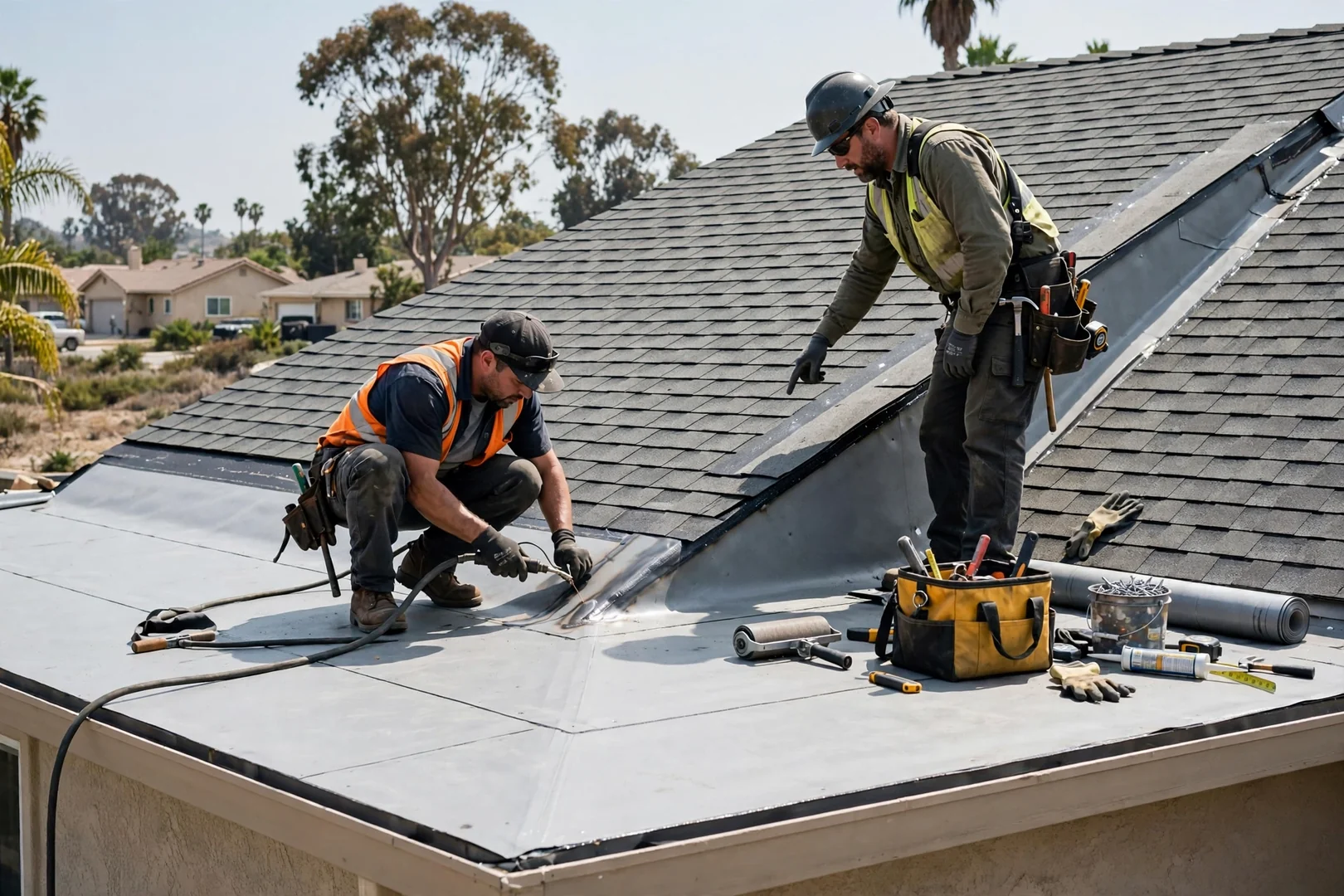 Low slope membrane section meeting a shingled pitch on a recently rebuilt residential roof