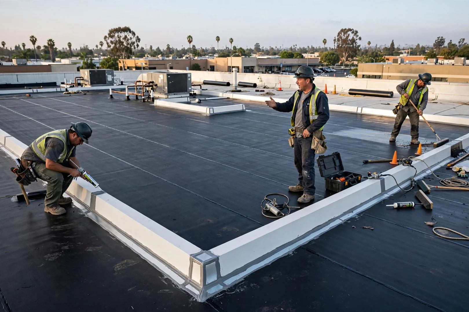 Wide shot of a commercial rooftop with new membrane, curbs, and flashing details completed