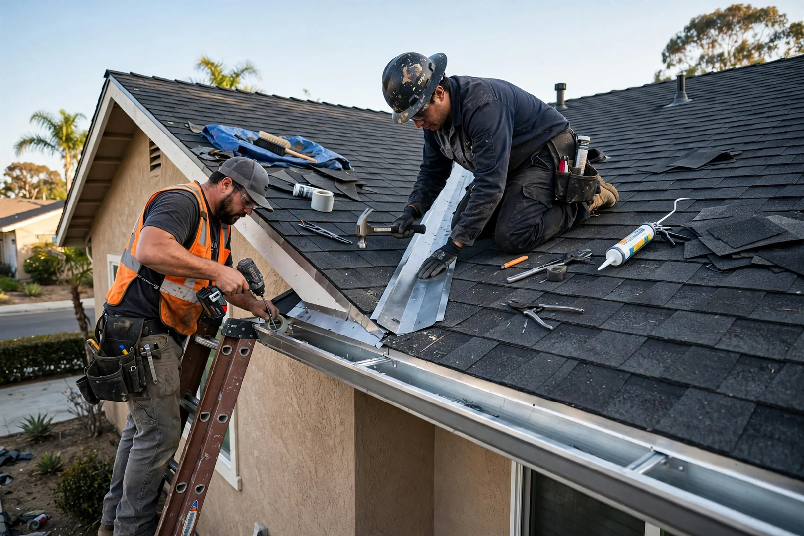 New seamless gutter and fresh valley flashing along the eave of a replaced roof