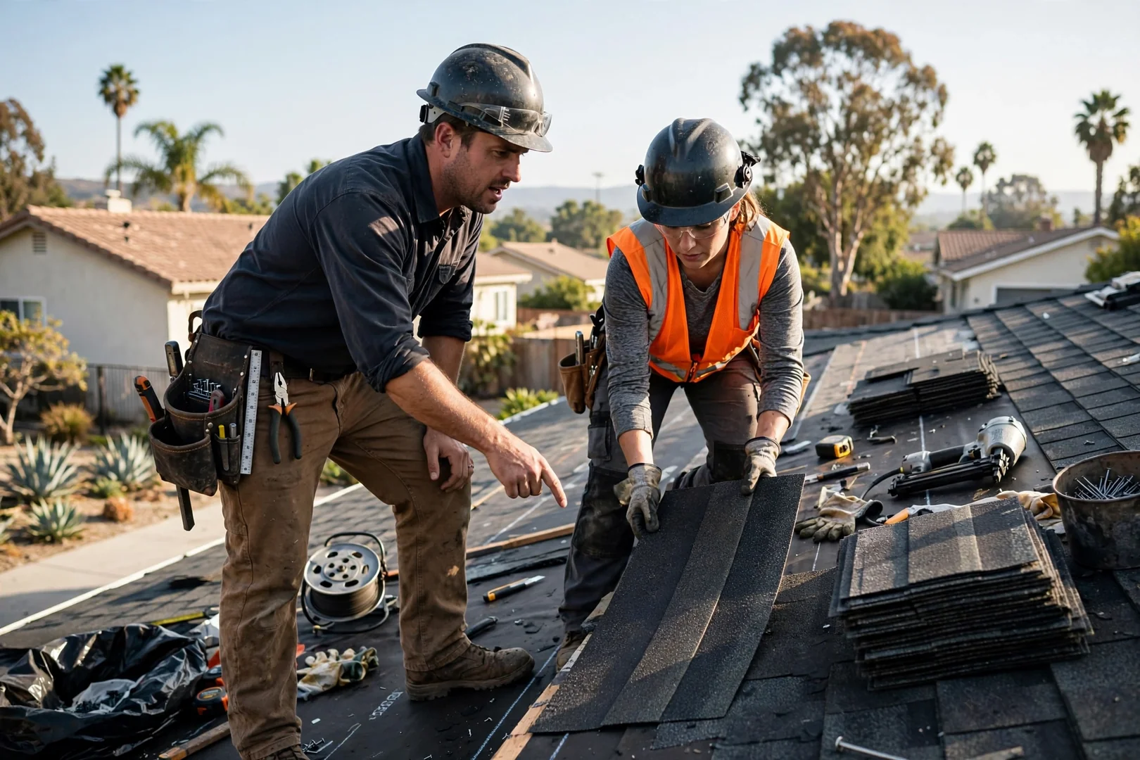 Roofing crew installing underlayment and flashing on a Los Alamitos home