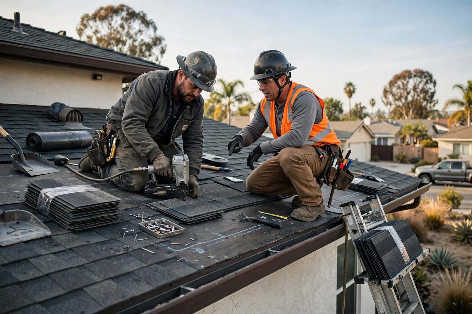 Roofing crew unloading ladders and materials from a work truck on a residential street
