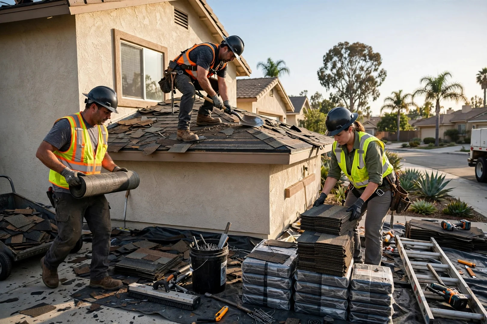 Roofing crew staging shingle bundles and underlayment on a Los Alamitos home roof deck