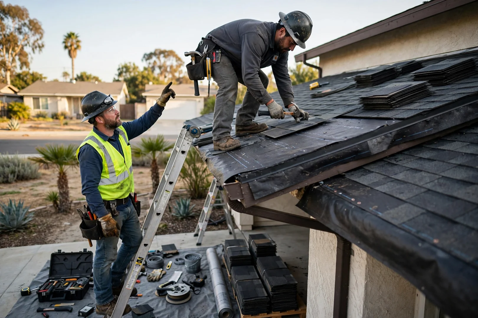 Roofer measuring shingle roof area while preparing a written estimate in Los Alamitos