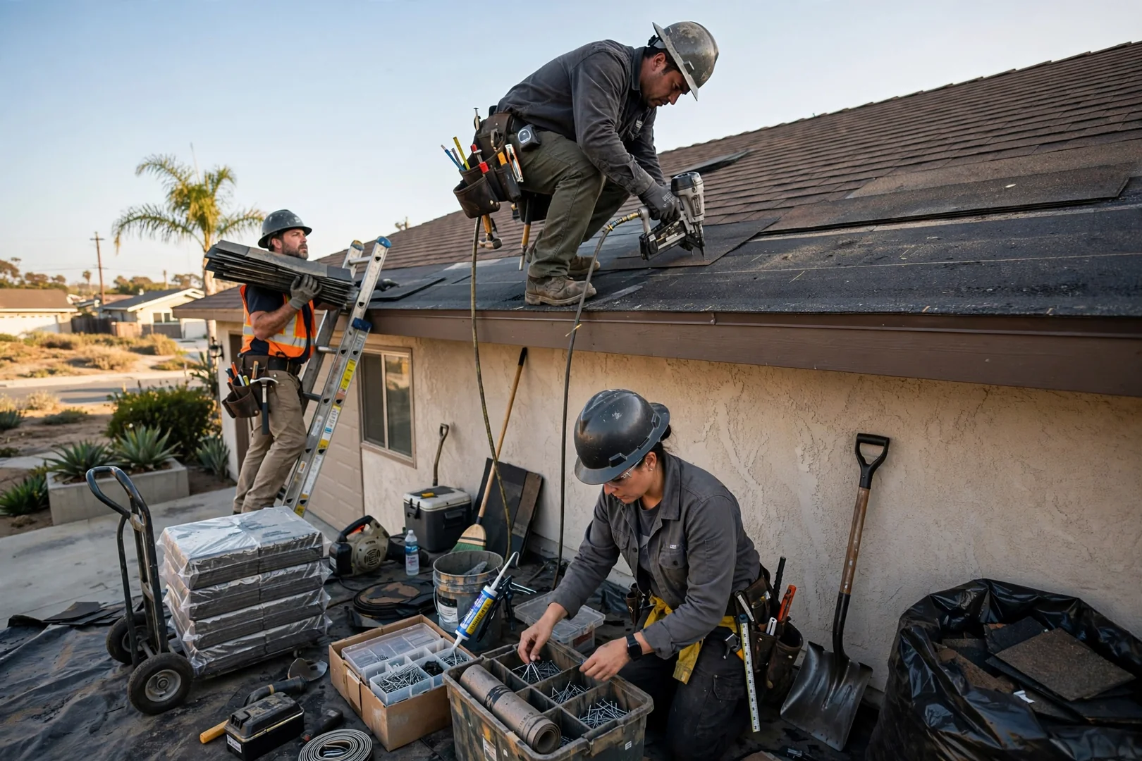 Roofing crew loading shingles and tools onto a work truck before a Los Alamitos job