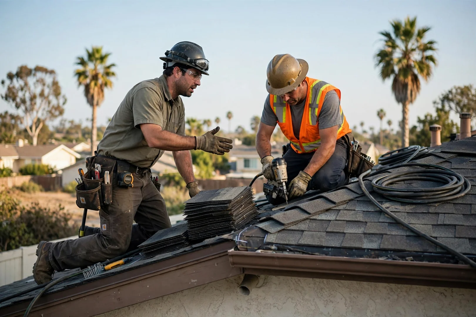 Roofer measuring shingle roof sections with tape and clipboard during a Los Alamitos estimate visit