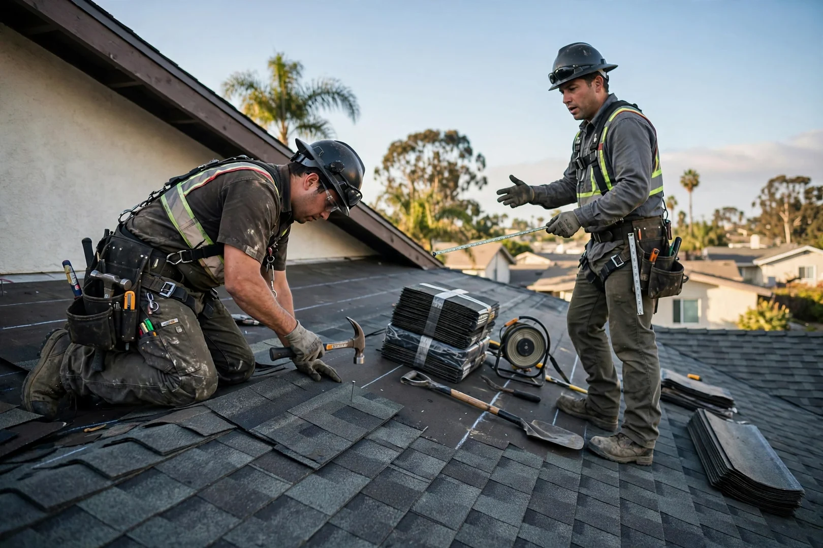 Roofer reviewing a written estimate with a homeowner beside a shingled roof in Los Alamitos