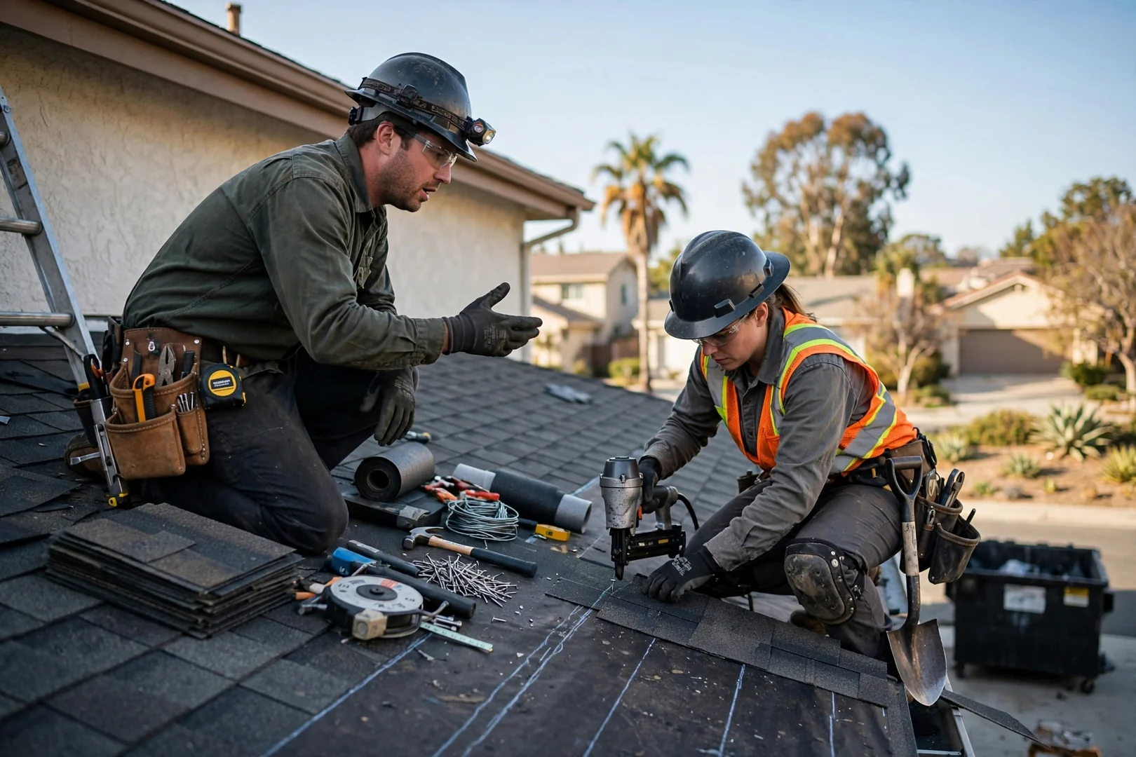 Roofing truck and ladder staged on a residential street in Los Alamitos California
