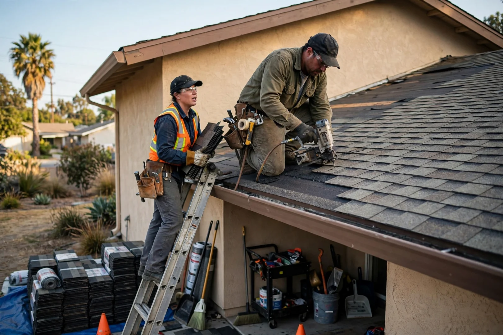 Roofer checking cracked shingles and rusted flashing on a home roof