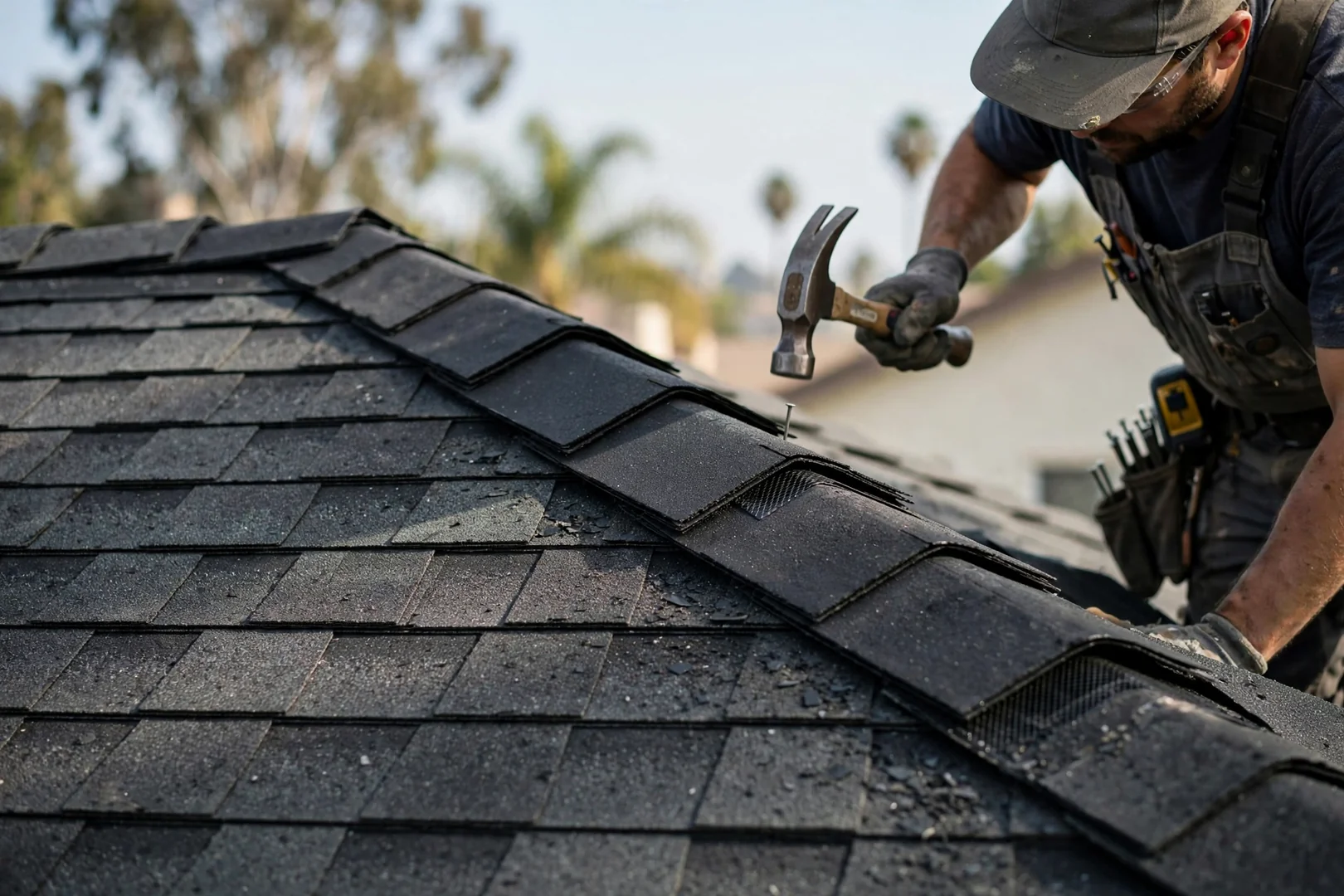Close-up of new architectural shingles and ridge cap on a finished residential roof