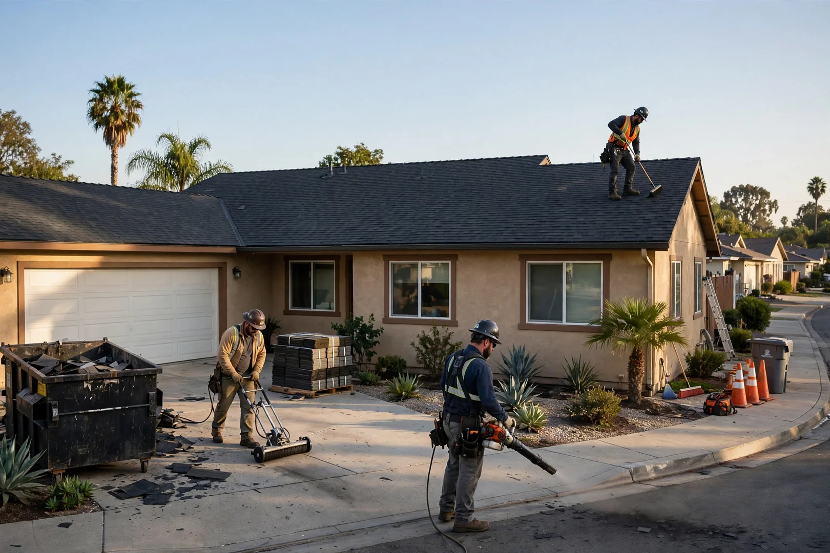 Wide shot of a completed tear-off and re-roof on a single-story Los Alamitos home