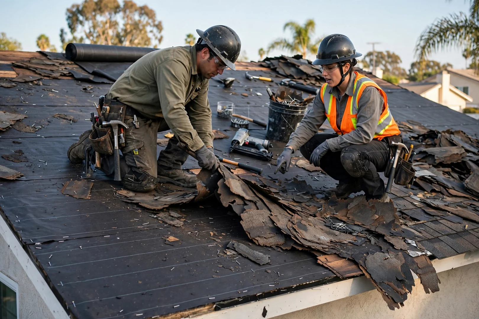 Worn curled shingles and exposed underlayment before a scheduled roof replacement