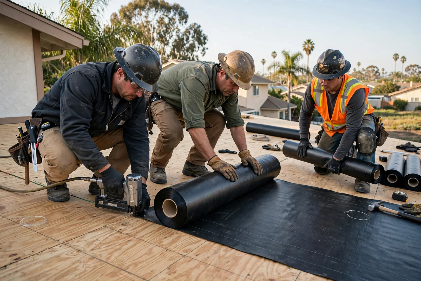 Crew rolling synthetic underlayment over fresh plywood decking on a sunny afternoon
