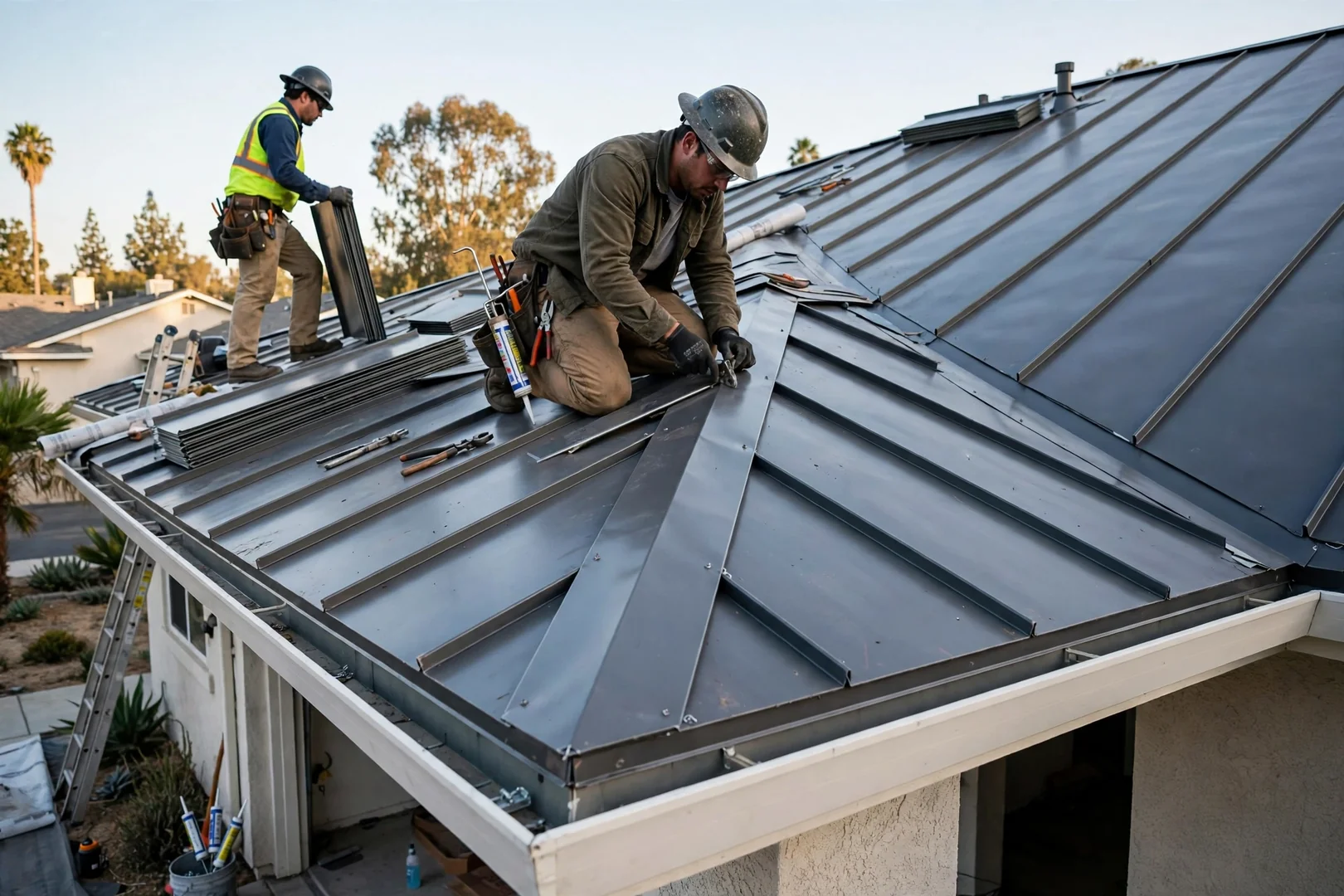 Standing seam metal roof panels installed with clean eave and valley flashing