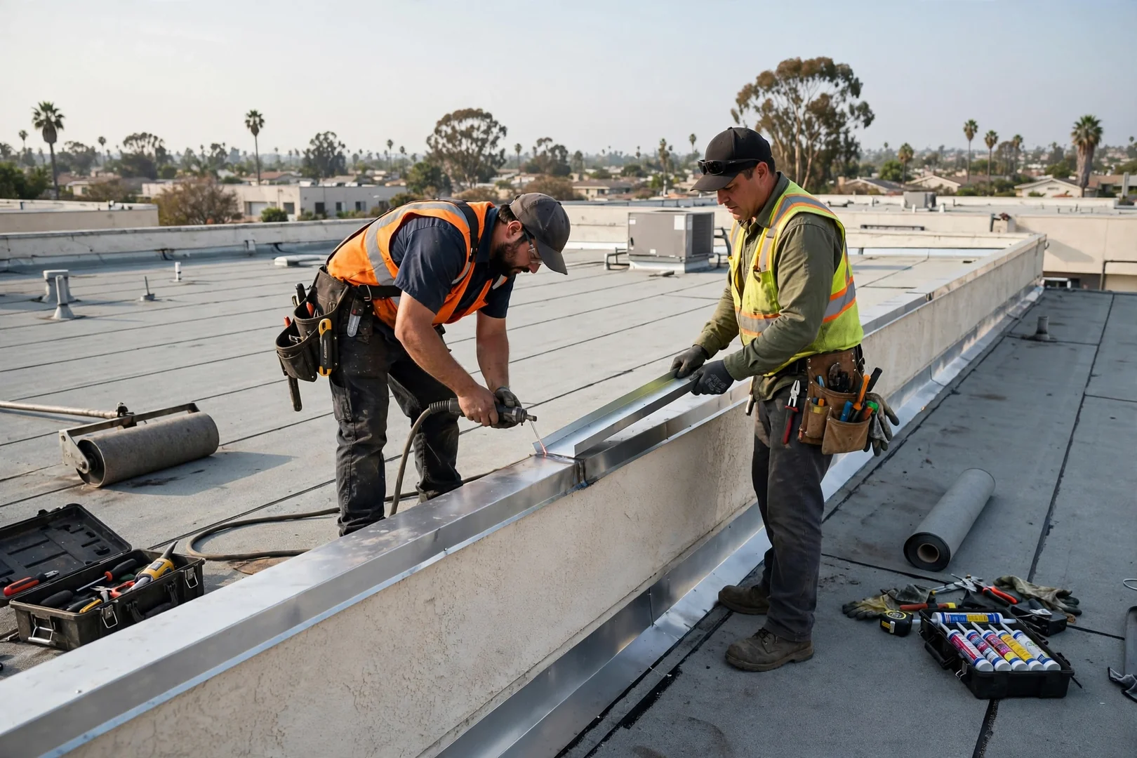 Low-slope commercial membrane roof with sealed seams and new parapet flashing