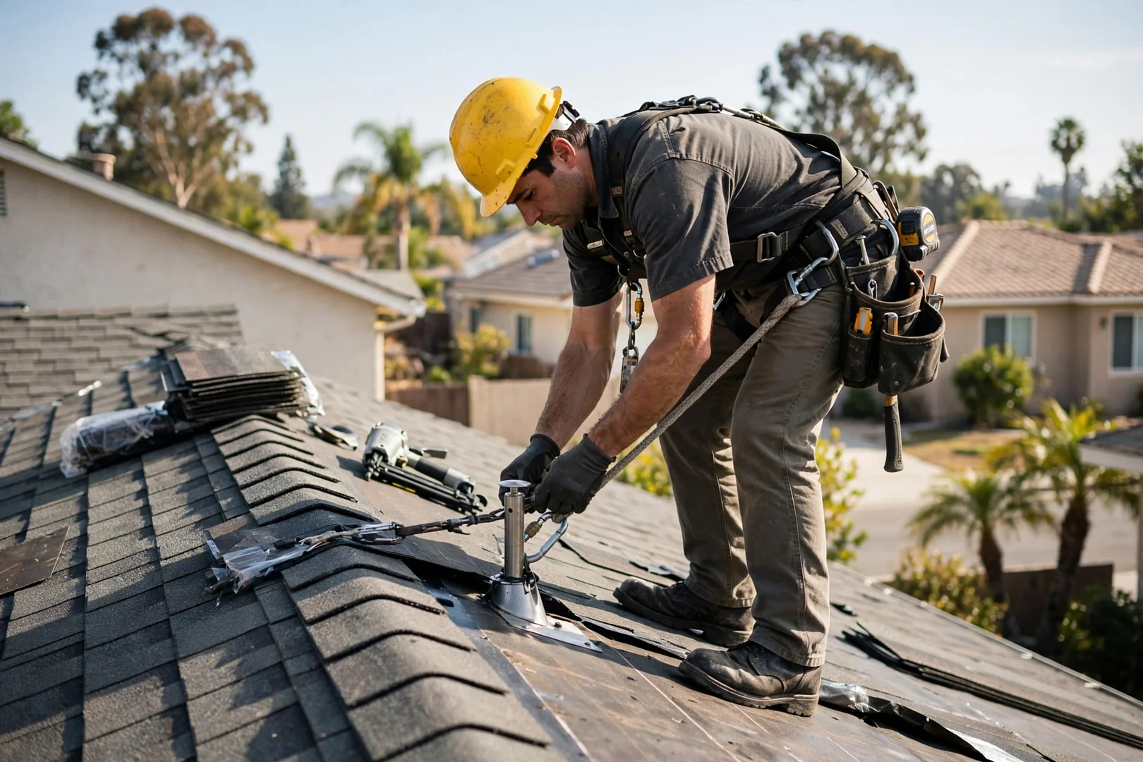Roofer wearing harness and hard hat secured to anchor point on residential roof