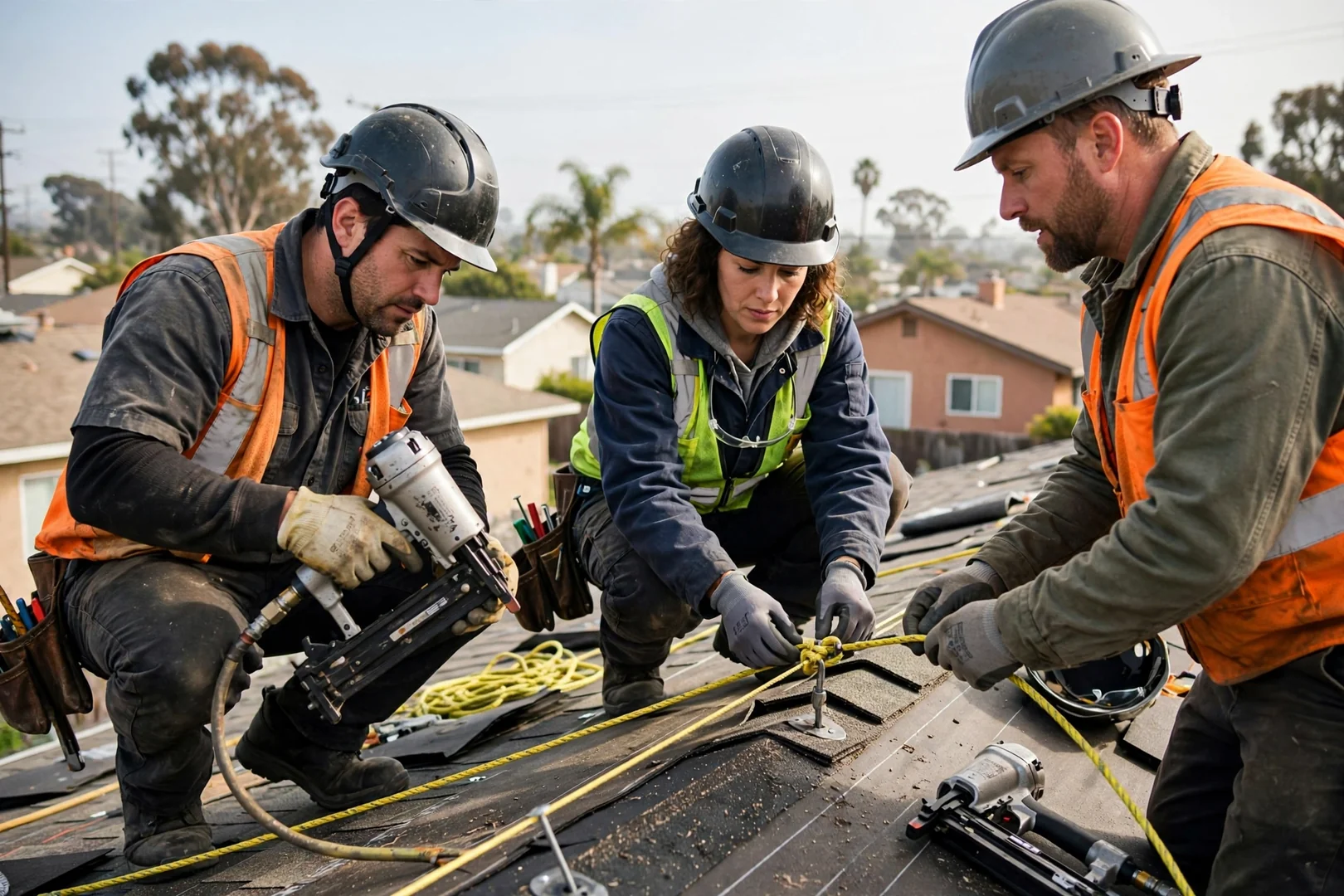 Crew inspecting nail guns and safety lines before starting a Los Alamitos roof job