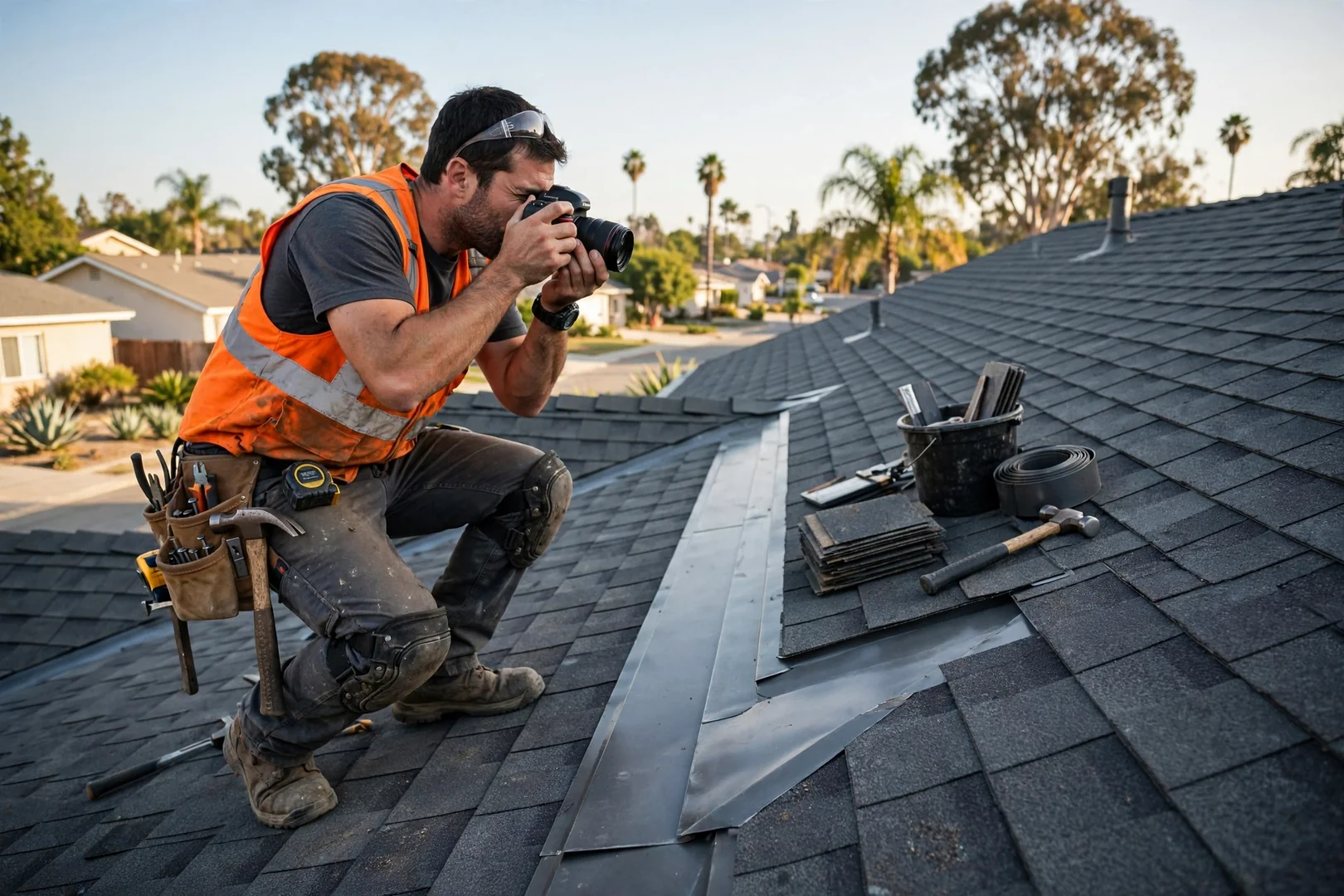 Roofing technician photographing finished valley flashing during post-job walkthrough