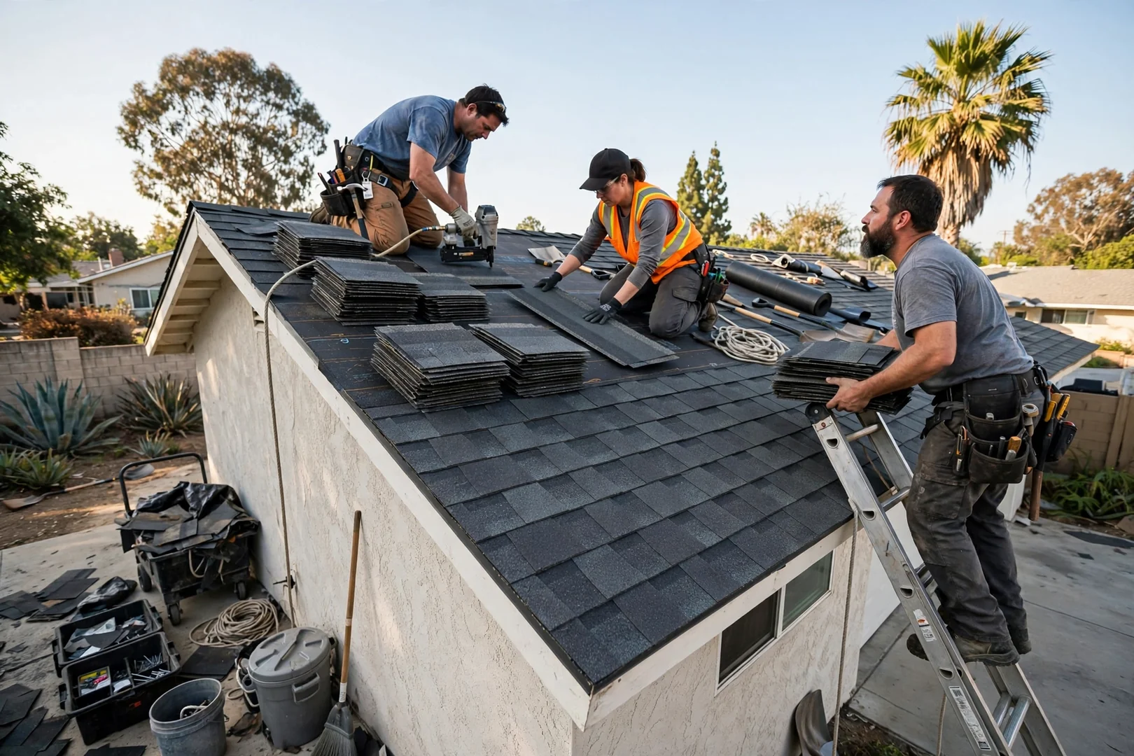 Roofing crew reviewing job plans and photo documentation on a Los Alamitos rooftop