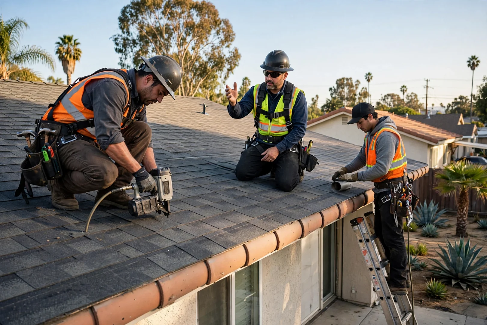 Roofer measuring wind damaged shingle area while preparing a written storm repair estimate
