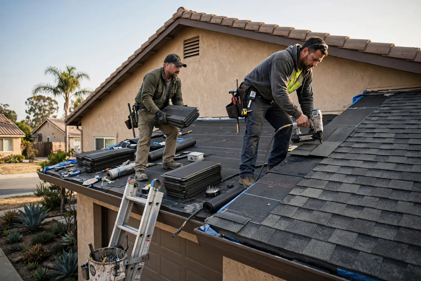 Roofing crew securing storm damaged shingles and flashing on a Los Alamitos home