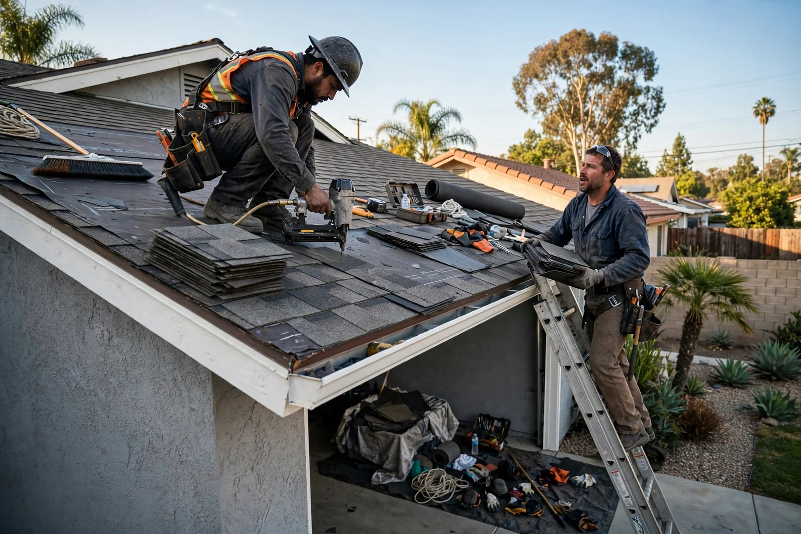 Roofer resetting wind-lifted shingles and flashing after a storm on a Los Alamitos home
