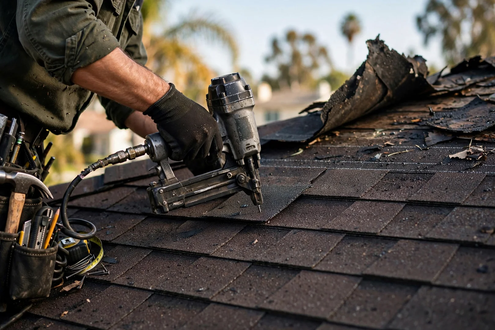 Close-up of newly fastened asphalt shingle courses replacing wind lifted section on residential roof