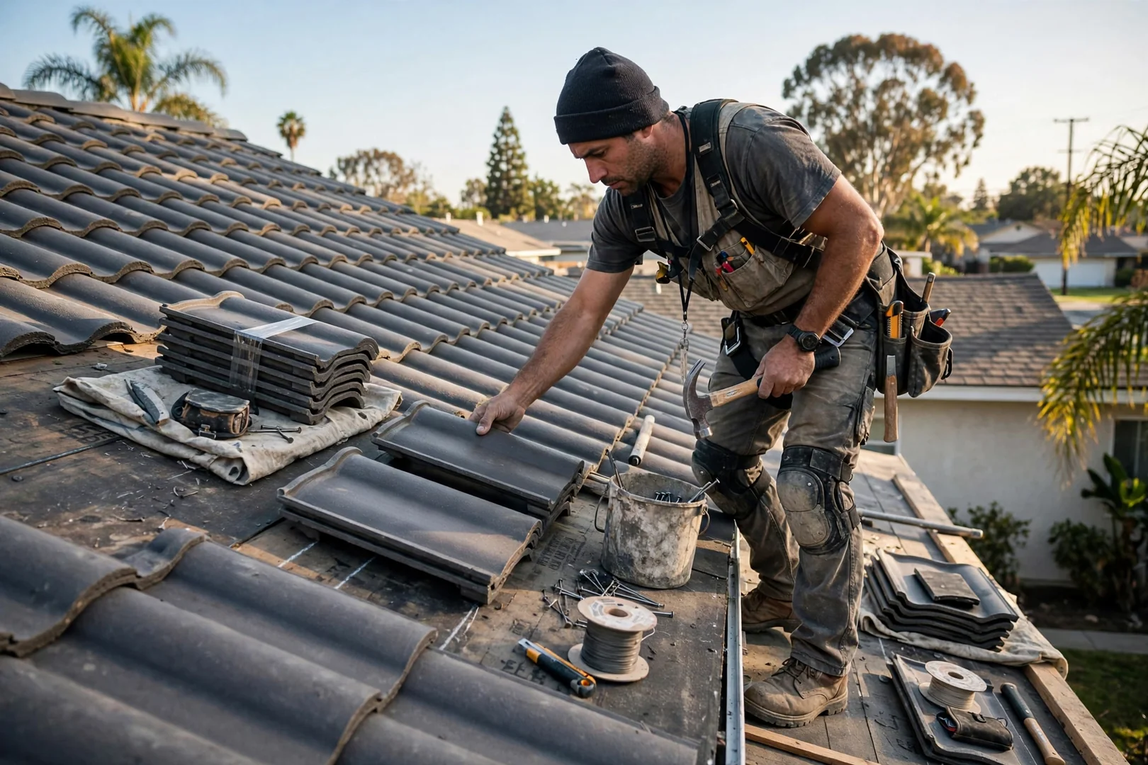 Roofer setting replacement concrete roof tiles into existing course on a sunny afternoon