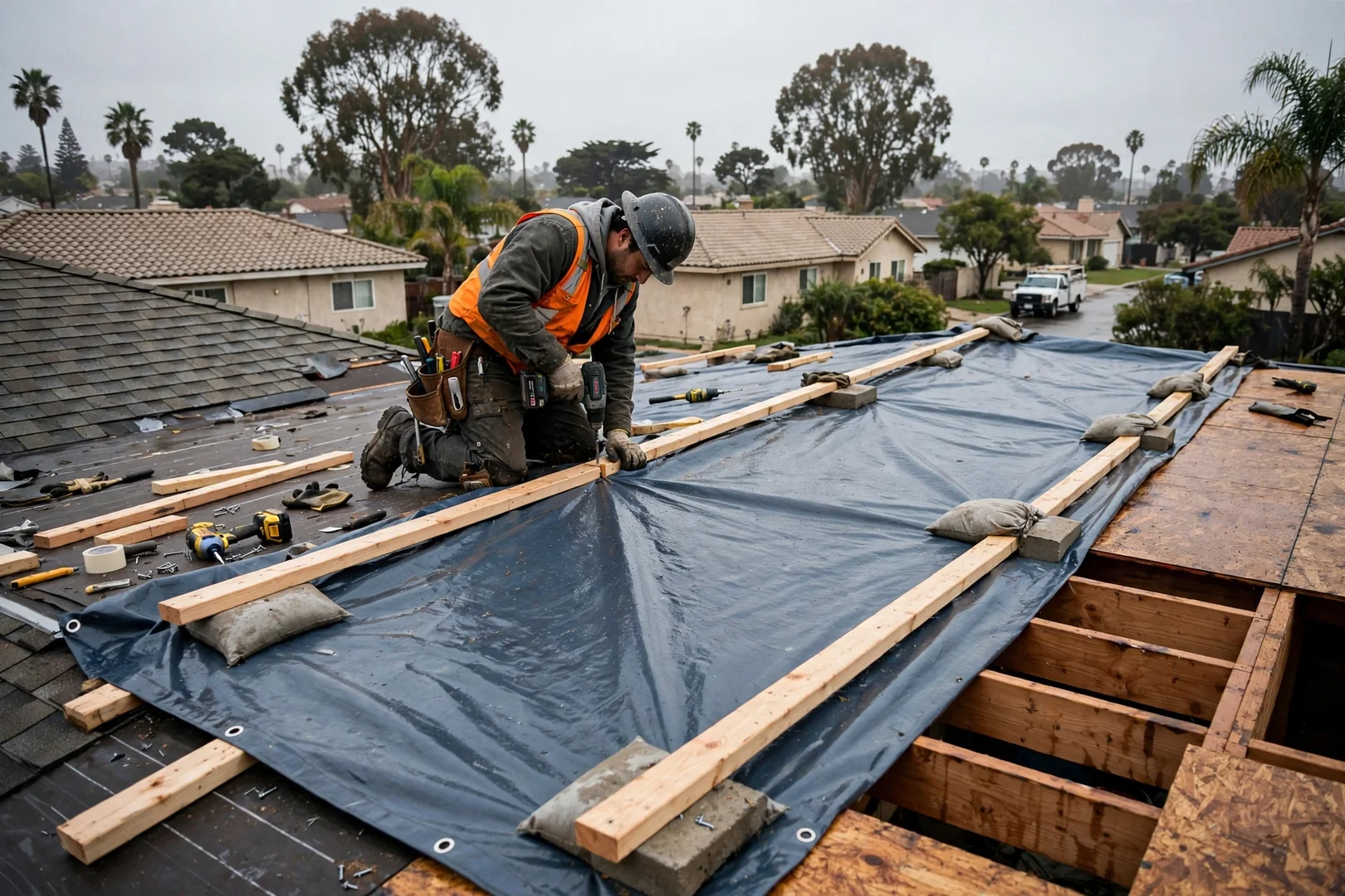 Weighted tarp battened across open roof section protecting exposed decking from rain intrusion