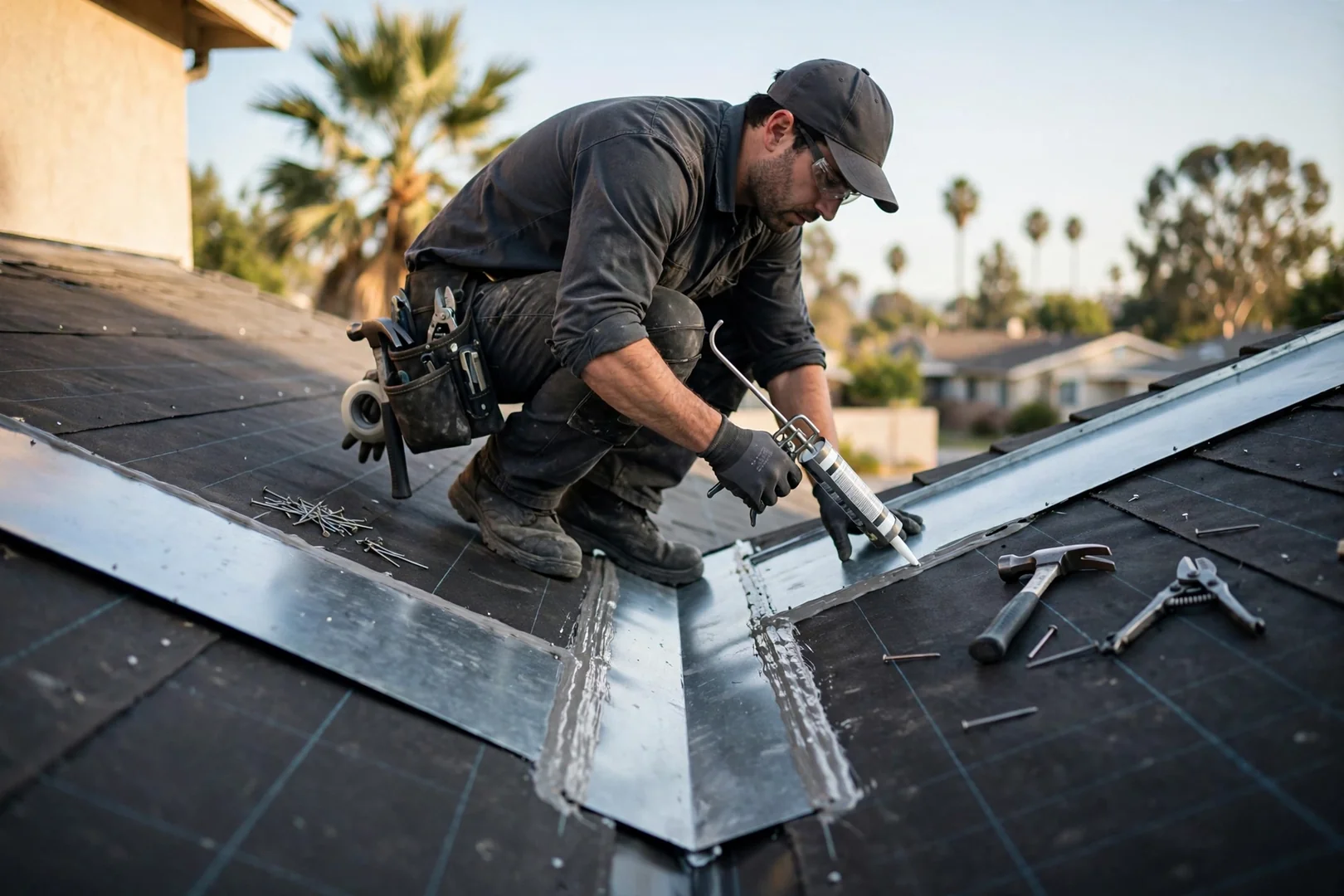 New metal valley flashing sealed between two roof planes with fresh underlayment visible