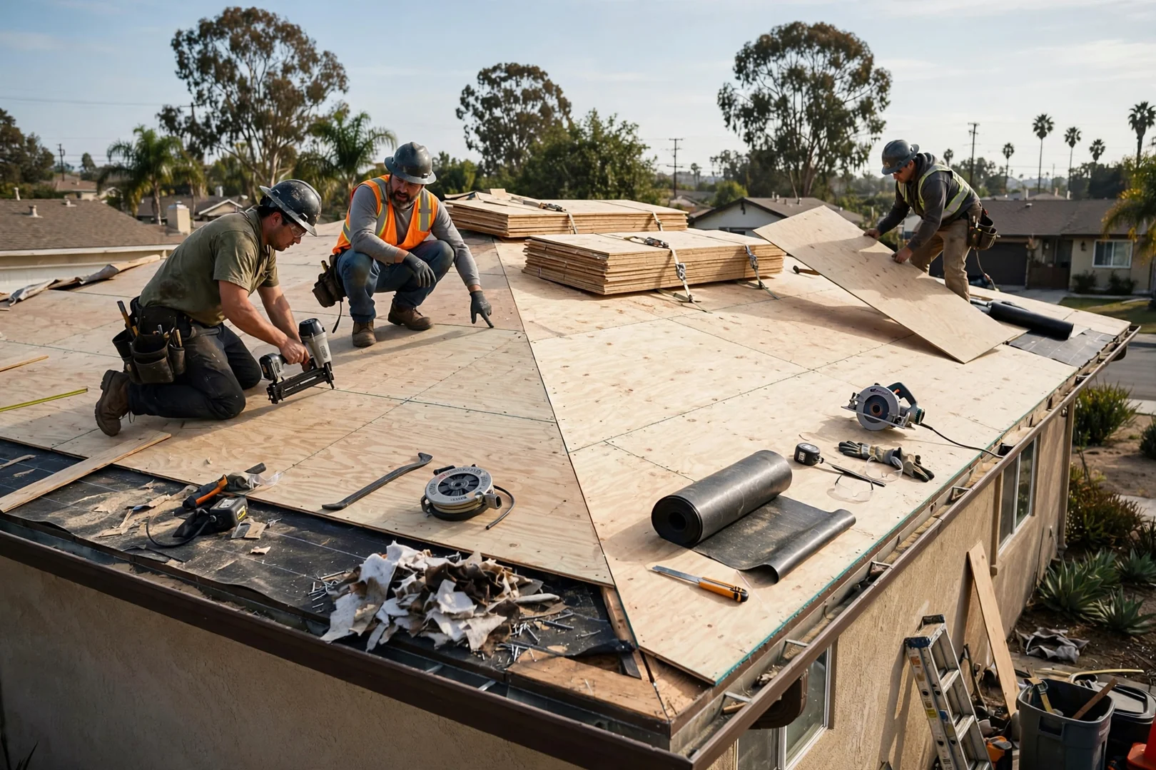 Wide shot of replaced plywood roof decking sheets staged before underlayment installation