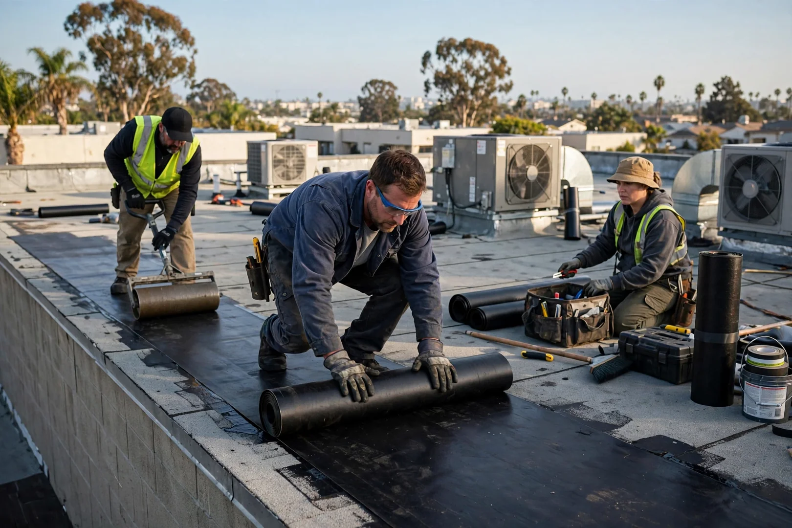 Crew rolling membrane patch across low slope commercial roof beside rooftop mechanical units