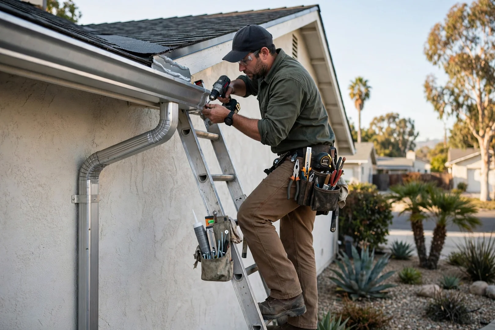 Installer resecuring seamless gutter section and downspout along a repaired residential roof edge