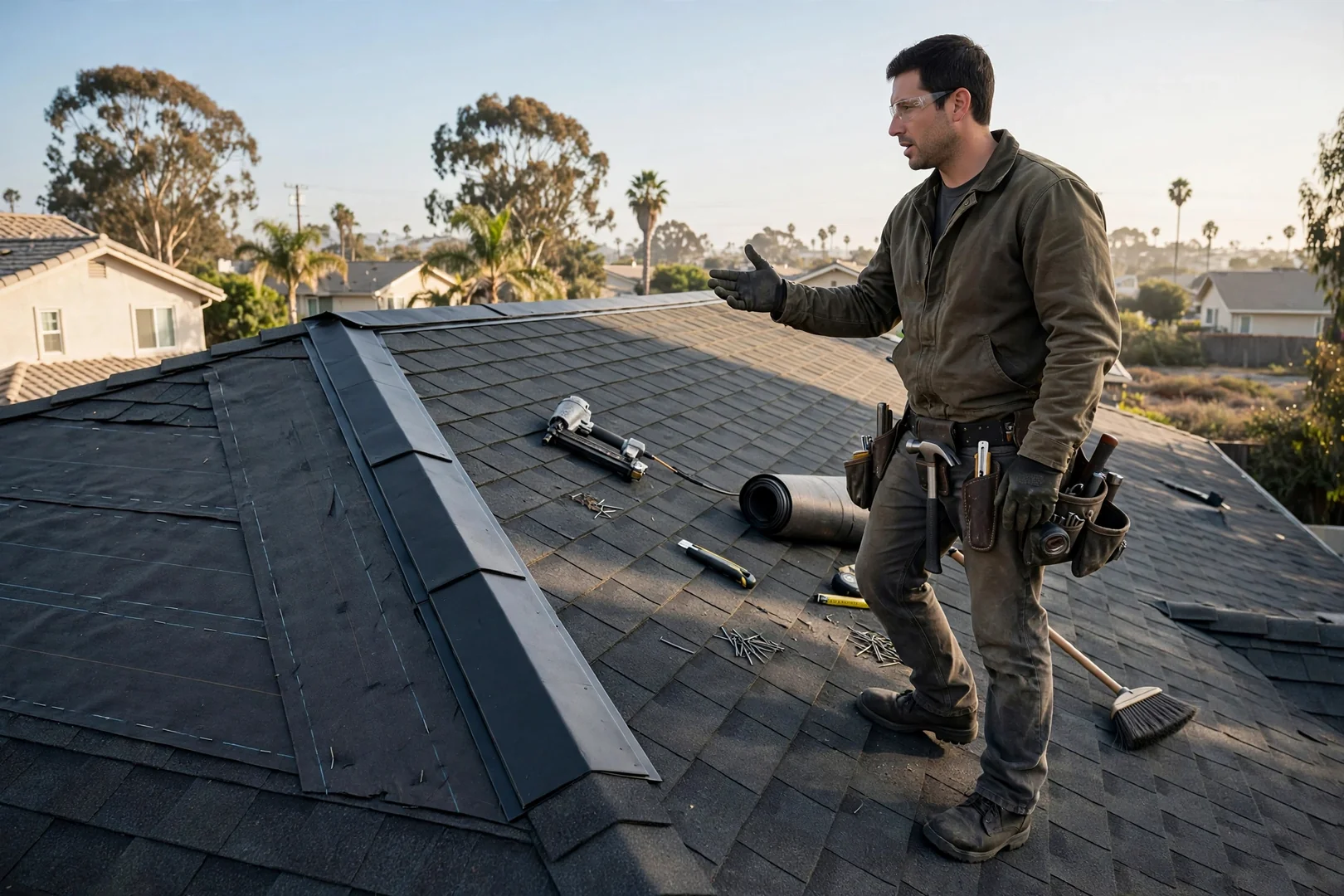 Finished ridge cap line and clean underlayment overlap on completed storm damage roof repair
